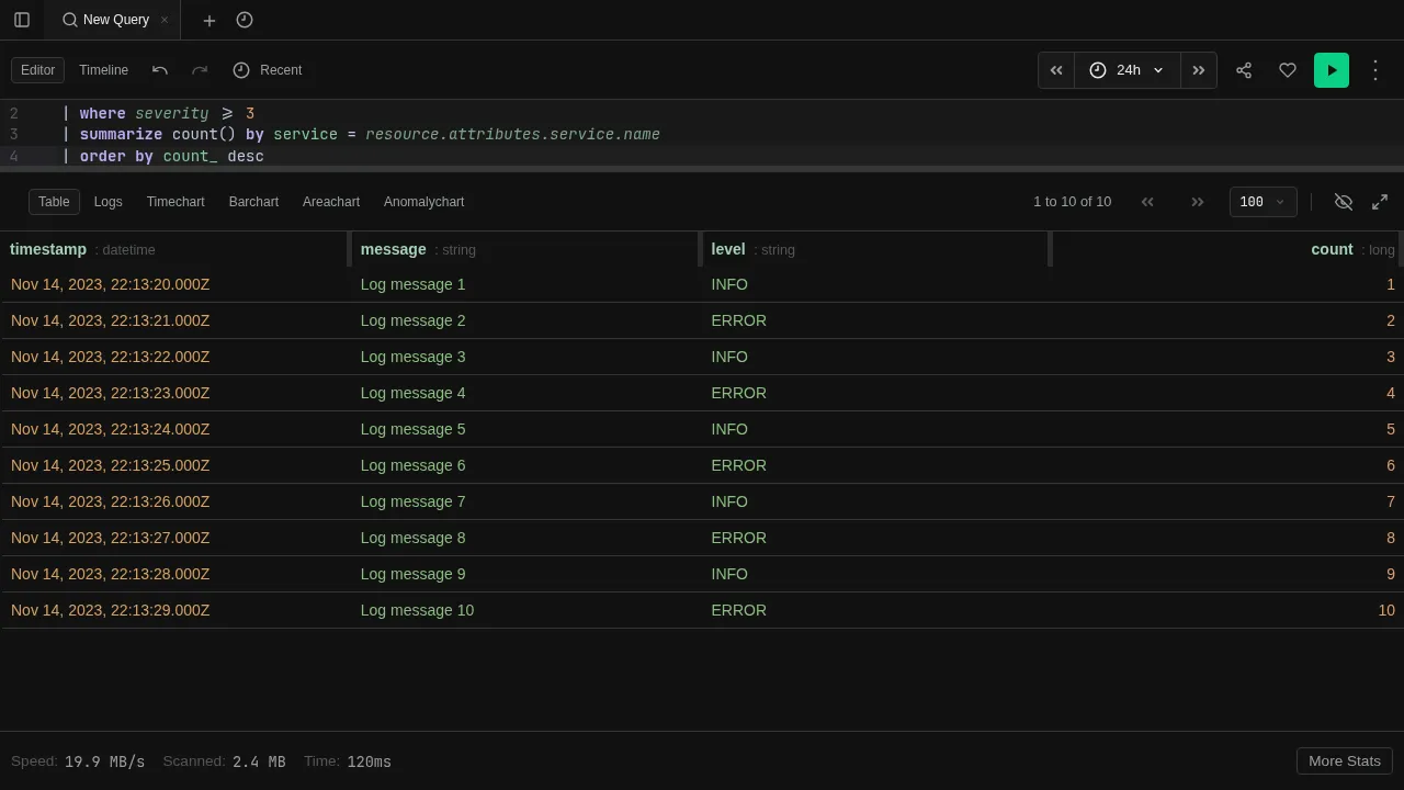 Explore tab showing the KQL editor, time range selector, and query results