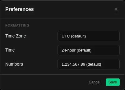 Preferences dialog showing timezone, time format, and number format options