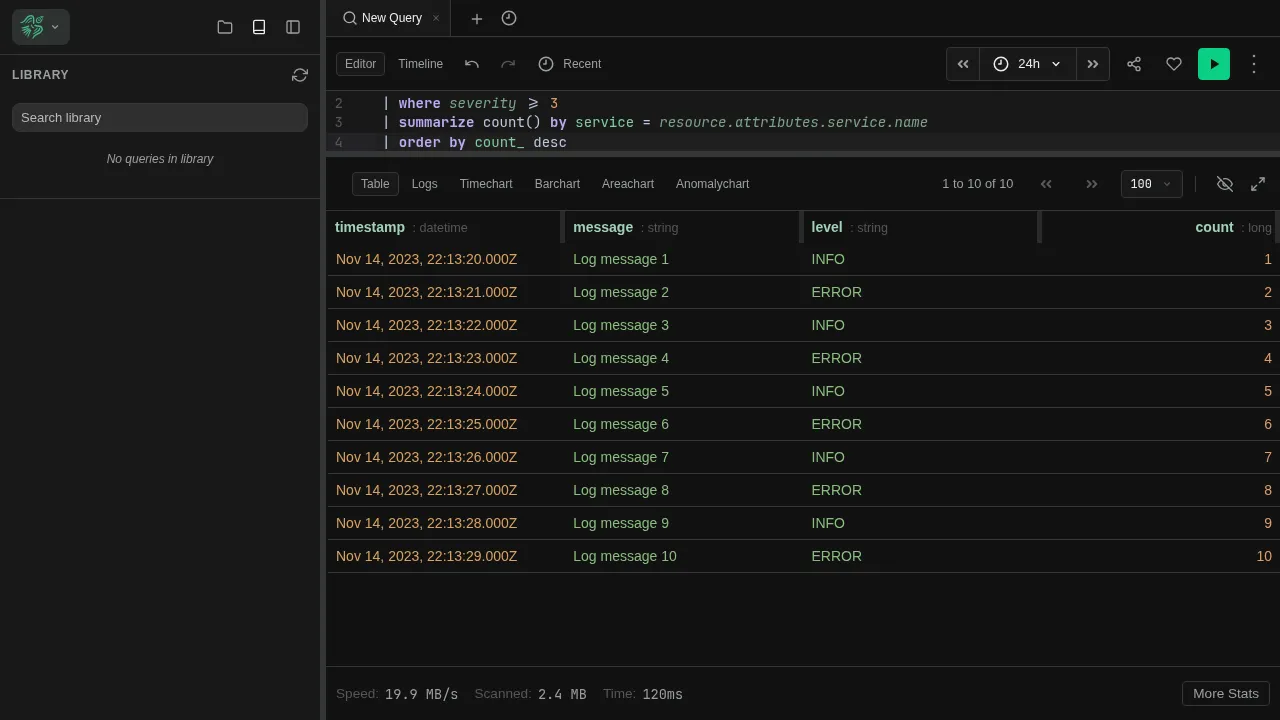 Berserk UI showing the side panel and an Explore tab with query results